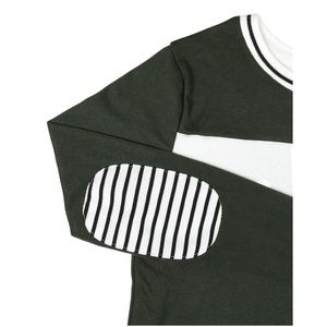 XL Elbow Patch Long Sleeve Round Crew Neck Top in Army Green Olive